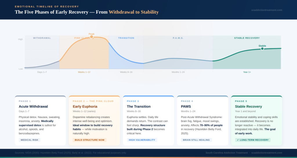 imeline infographic showing the emotional phases of early addiction recovery: acute withdrawal, pink cloud, transition period, PAWS, and stable long-term recovery