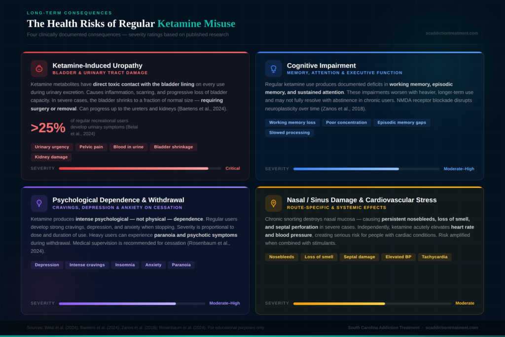 Infographic showing body diagram with labeled health risks of chronic ketamine use: bladder damage, cognitive impairment, nasal damage, psychological dependence